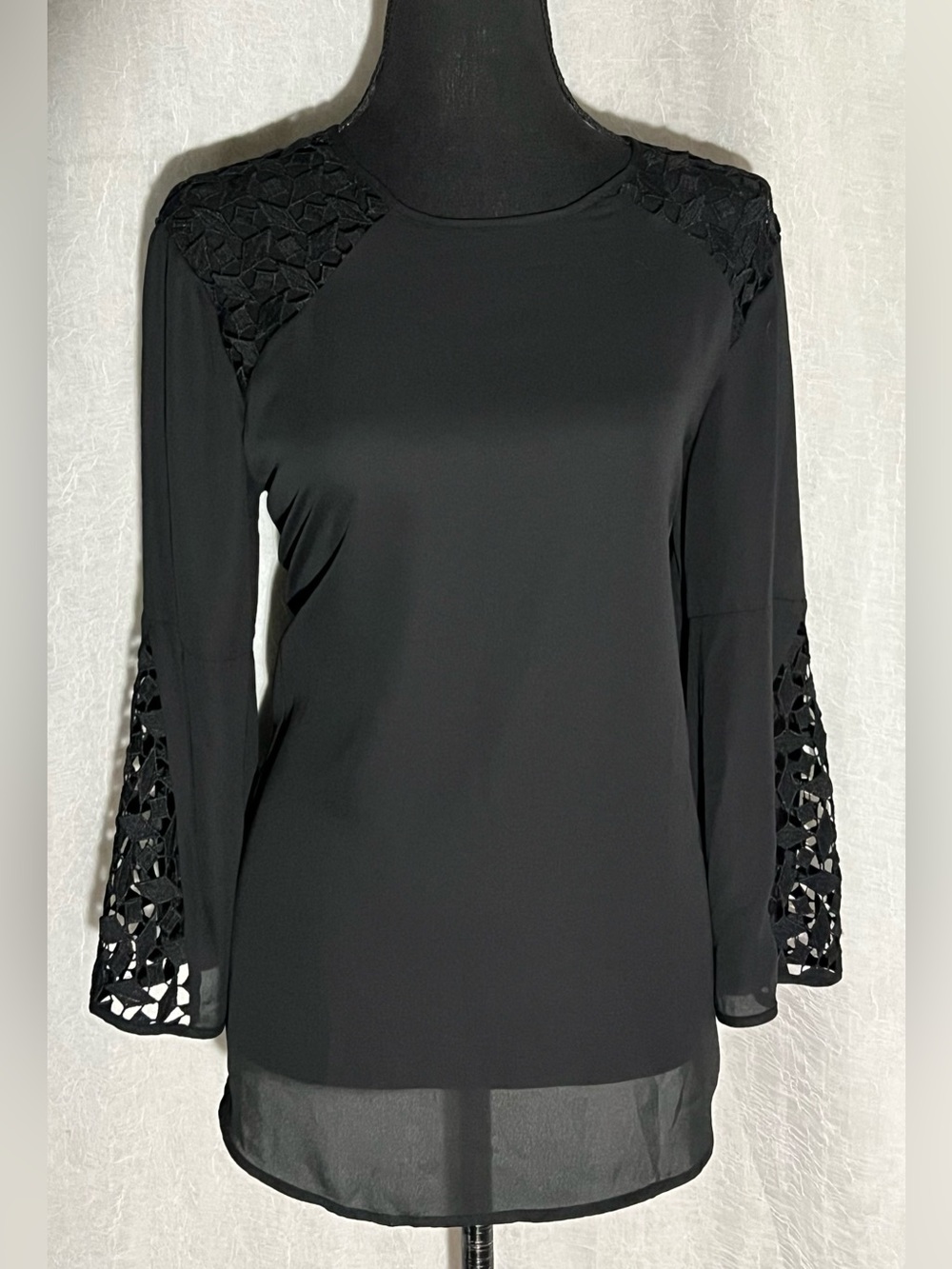 Zac & Rachel Black Long-Sleeve Blouse with Cutout Lace Accents
